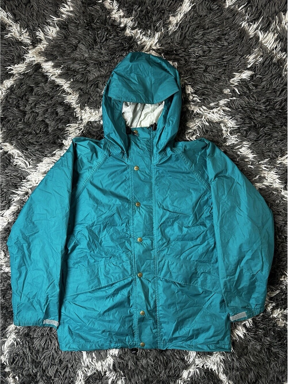 Vintage 90s LL Bean Stowaway Rainwear Jacket Hooded Teal Blue Mens Medium